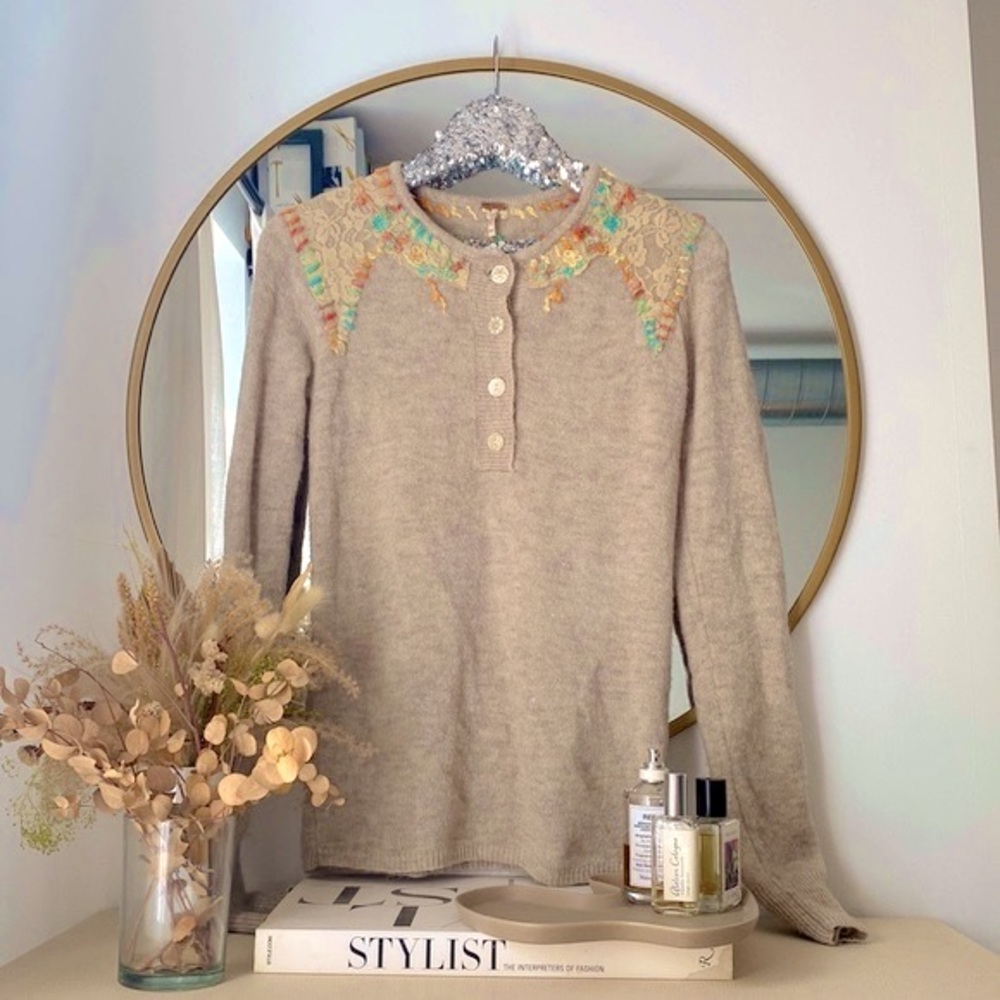 Free People Embroidered Soft Wool Sweater